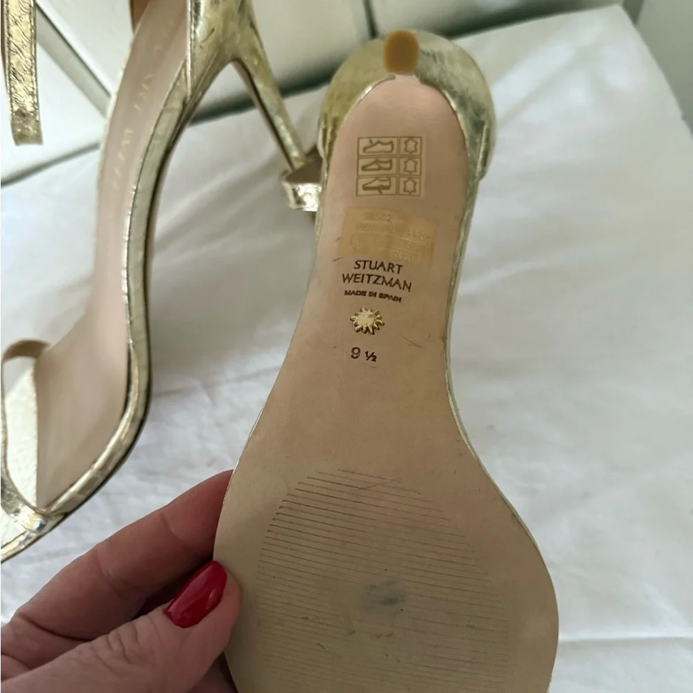 Stuart Weitzman Gold Strappy Heels Nudistcurve 100 metallic watersnake leather